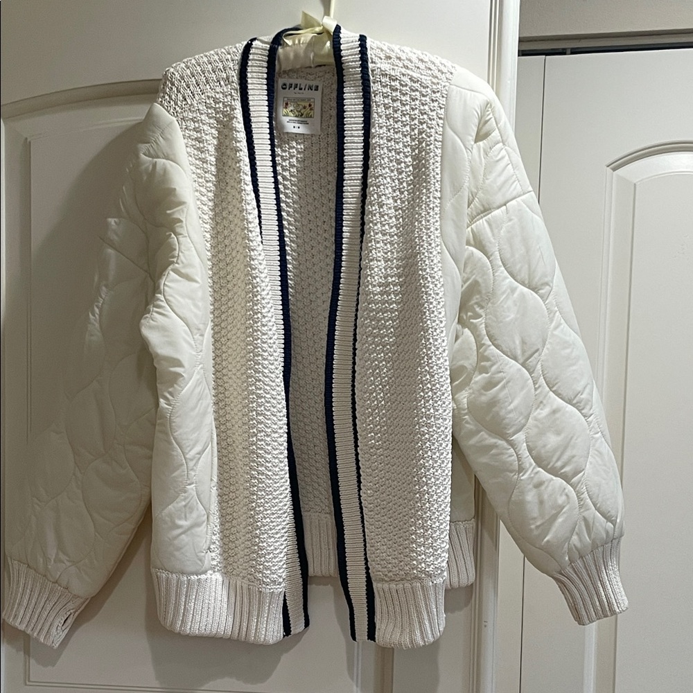 Aerie Cream Quilted Varsity Jacket with Black Accents